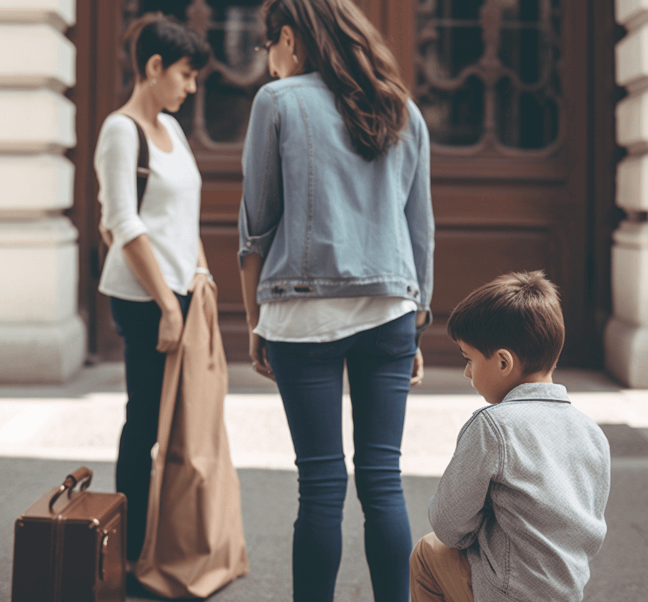 Two women and a child are on the sidewalk with their heads lowered, illustrating the dynamics of a family experiencing the effects of divorce