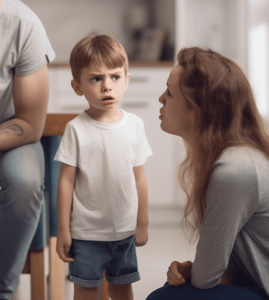 A woman and a man (hidden) engage in conversation with a child, reflecting a supportive dialogue in a divorce family setting