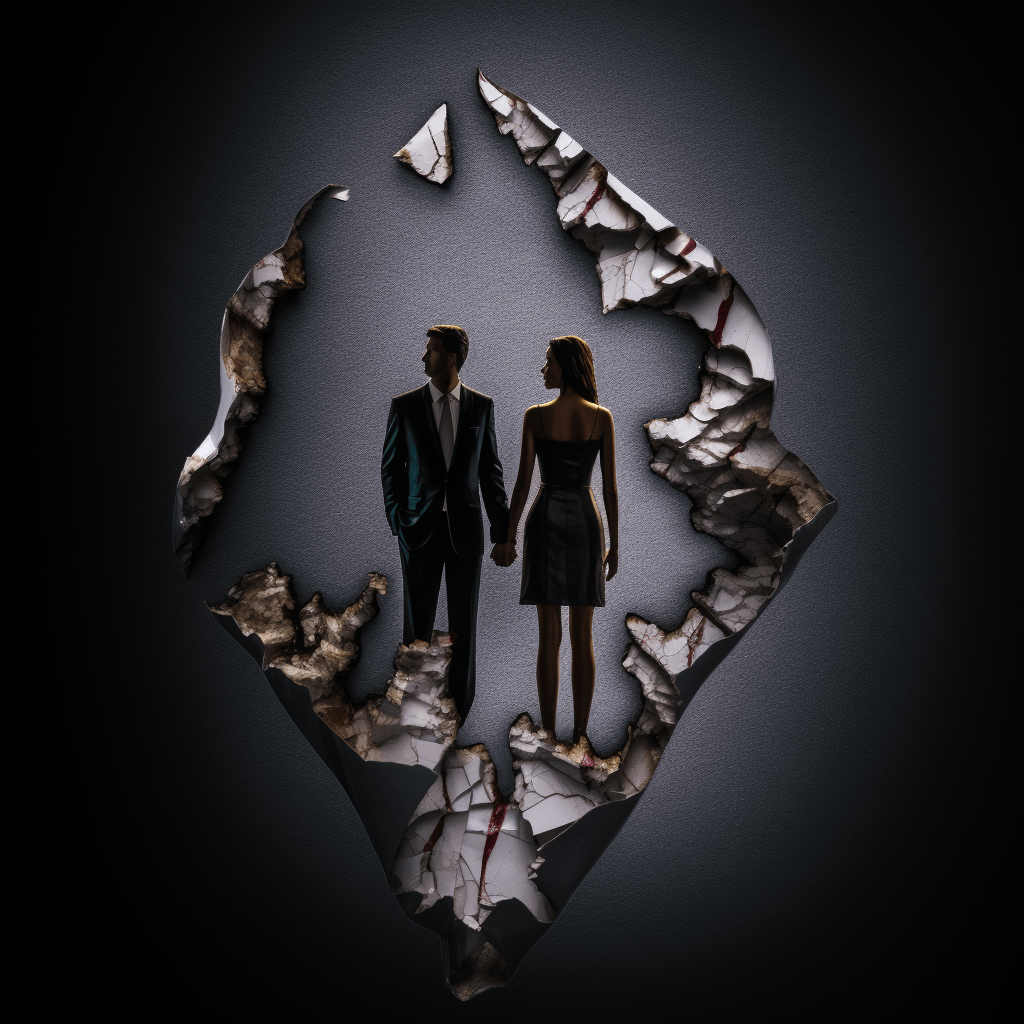 A man and woman stand together in a hole in the wall, symbolizing the emotional divide often seen in divorce