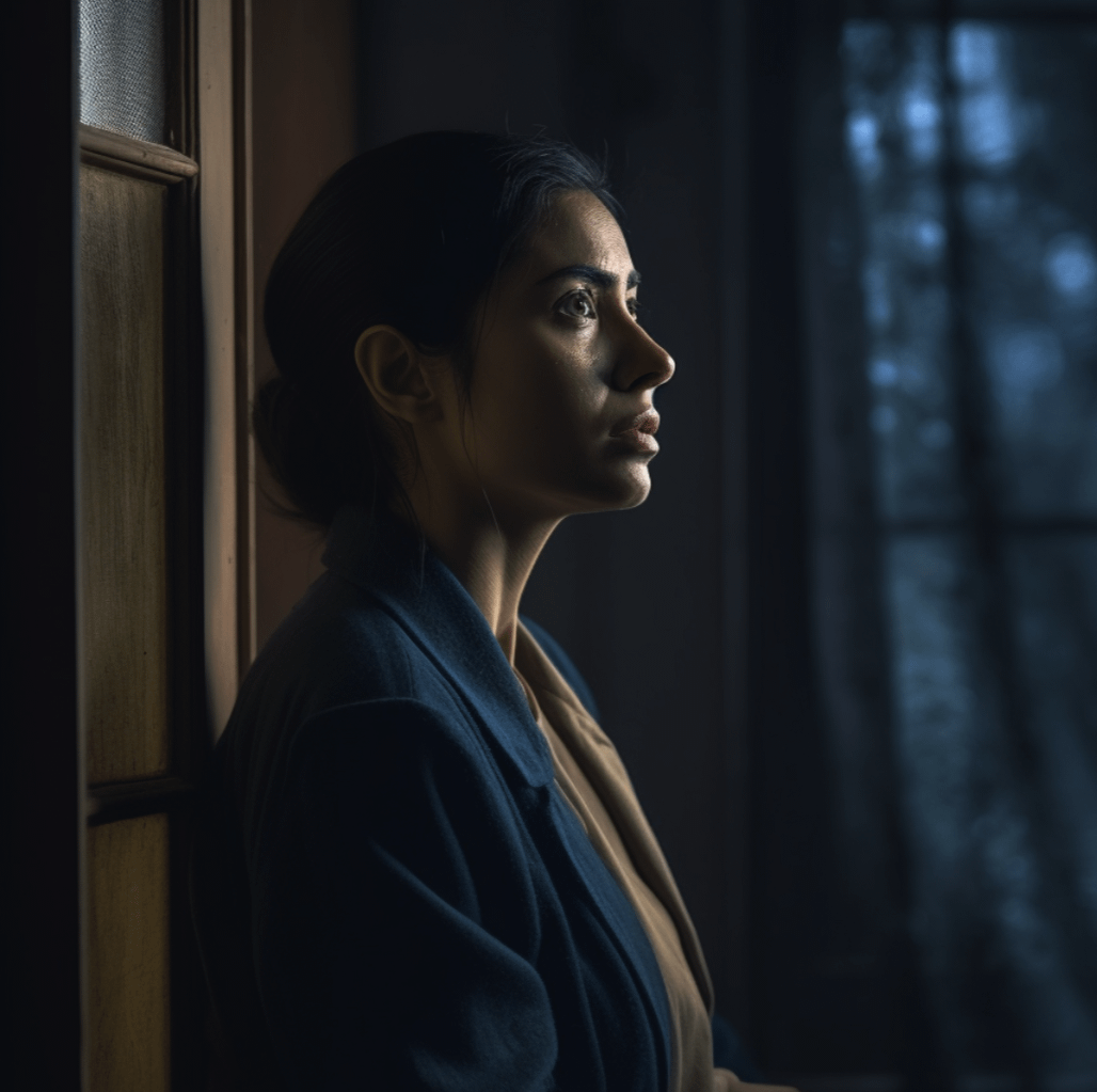 A woman in a suit gazes out the window, embodying the loneliness often felt during divorce