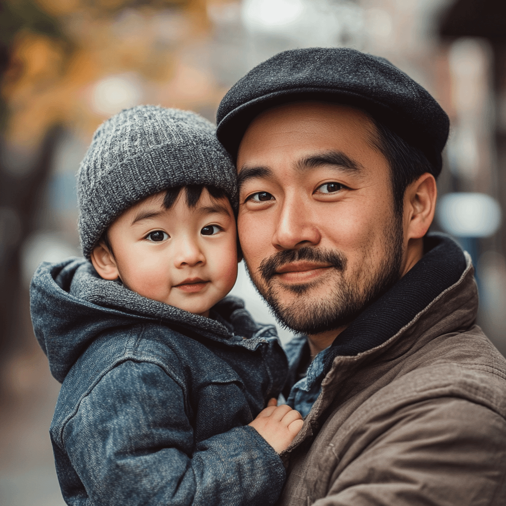 father and son looking at the camera