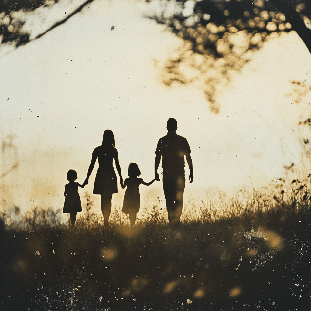 silhouette of a family walking away from the viewer