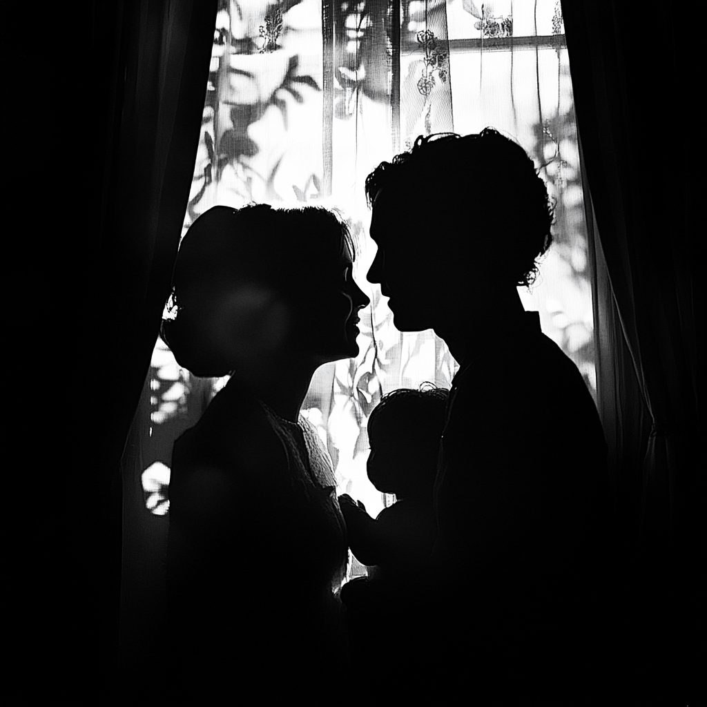 silhouette of a mother, father, and child