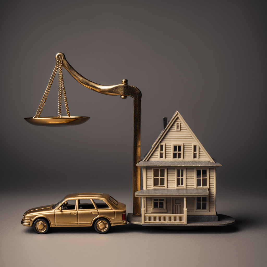 A golden scale of justice balancing a house on one side and a car with money on the other, neutral background